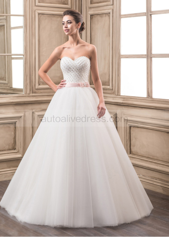 Sweetheart Neck Ruched Beaded Tulle Wedding Dress